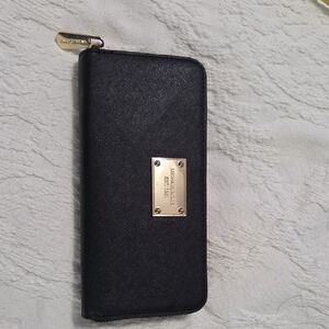 Michael Kors Black Zip-Around Wallet with Gold Plate
